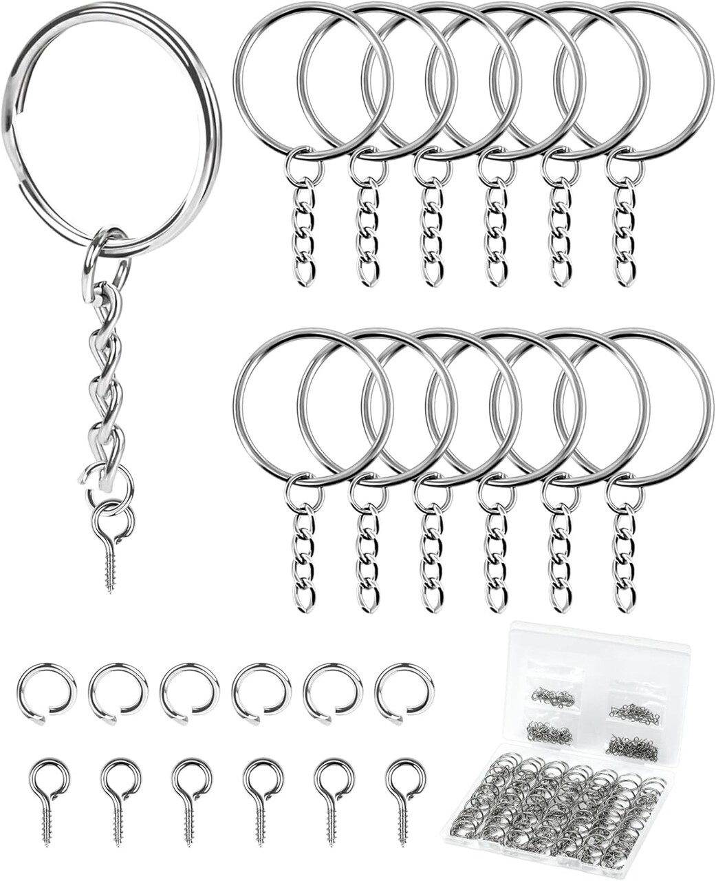 300Pcs Key Rings Kit, 100Pcs Key Ring with Chain, Keyrings Kit,100Pcs Small Screw Eye Pins, 100Pcs Open Jump Rings for Keychain Making Supplies, Crafts, and DIY Projects